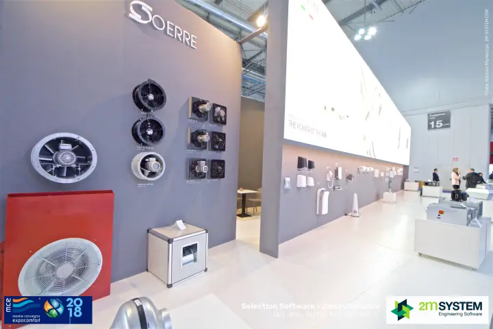 O.Erre Axia axial fan wall at the corner of the stand