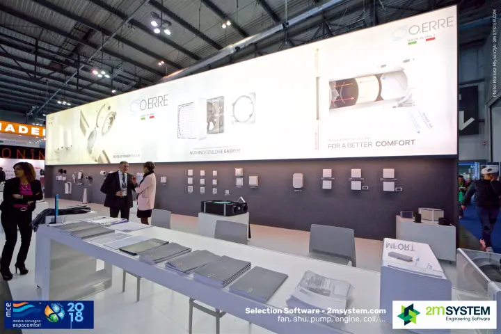 O.Erre lightbox promoting its VMC system above a wall of extract fans at MCE 2018