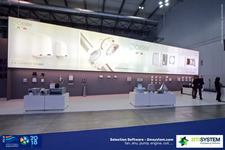 O.Erre stand frontage with hand dryer and in-line fan graphics at MCE 2018
