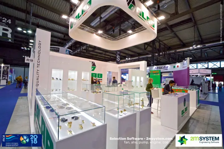 Olab stand R19 seen from the aisle corner with valve showcases