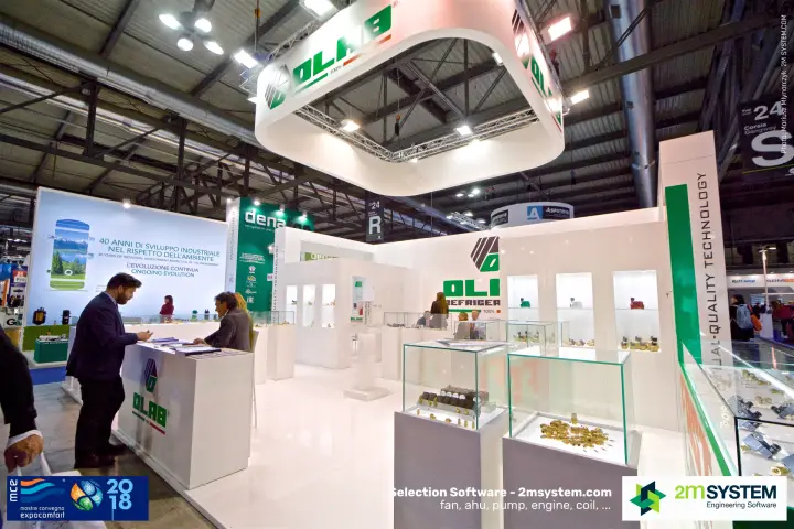 Olab stand with suspended logo ring and glass cases of valves