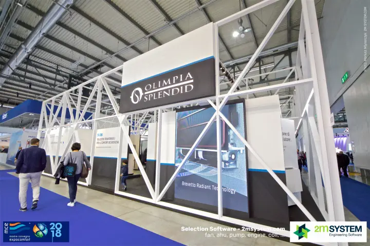 Olimpia Splendid frontage with LED wall showing Brevetto Radiant Technology at MCE 2018