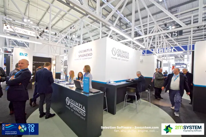Olimpia Splendid reception counter with the Home of Comfort branding at MCE 2018