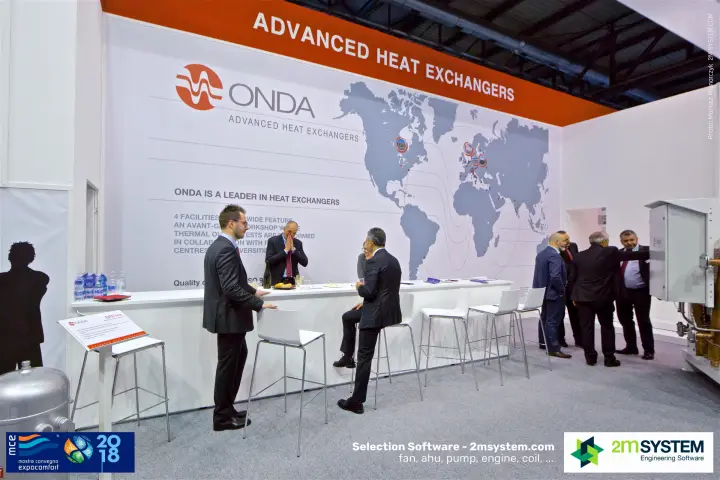 Onda bar counter beneath the world map of company facilities at MCE 2018
