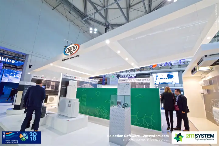 Open Argo stand with hanging logo, green graphic wall and iSeries units at MCE 2018