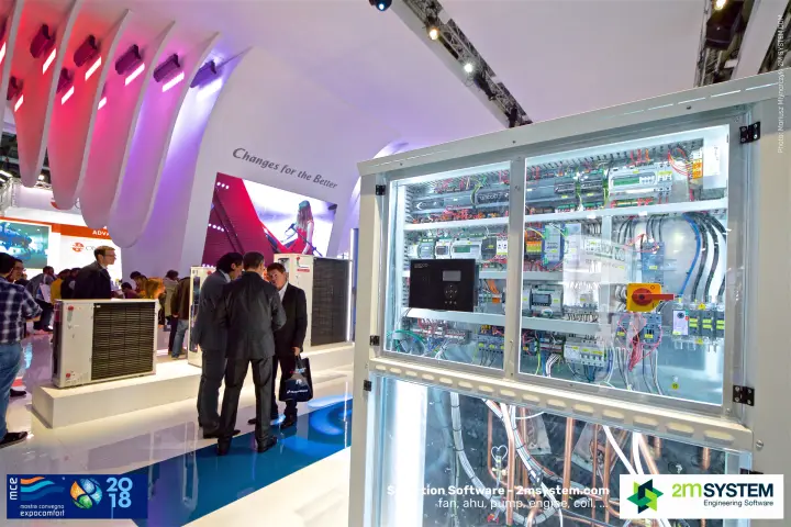 Open control cabinet of a chiller on the Mitsubishi Electric stand at MCE 2018