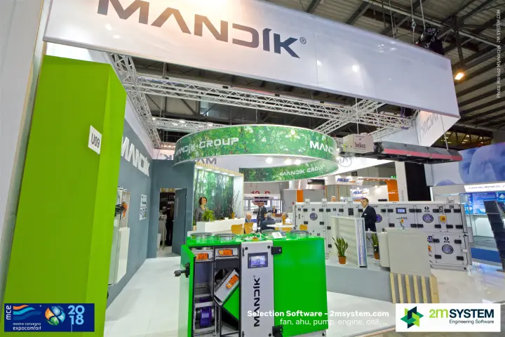 Open green Mandík compact unit with visible fans and heat exchanger at MCE 2018