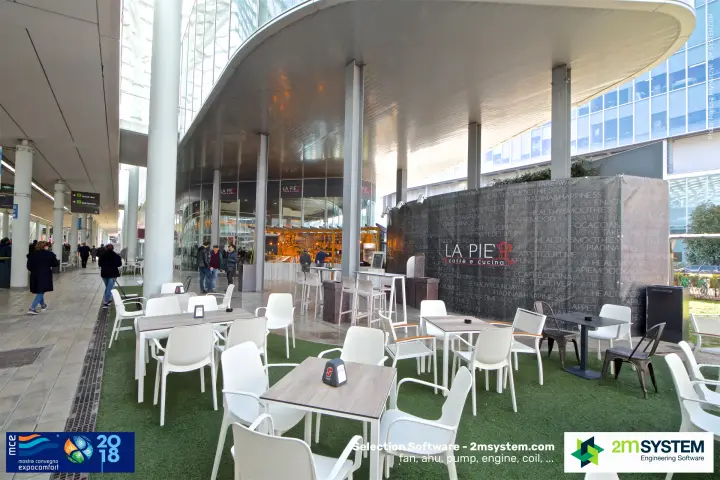 Outdoor seating of the La Pie' caffè e cucina on artificial turf at MCE 2018