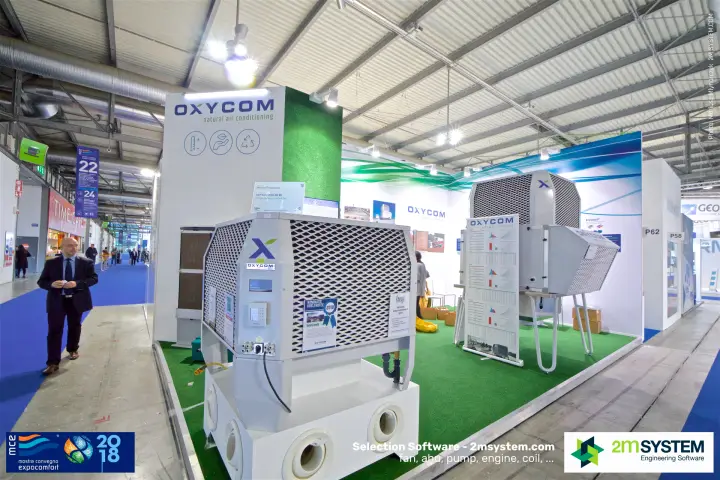 Oxycom evaporative cooling units with award nomination sign at MCE 2018