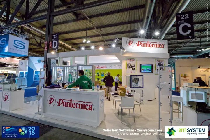 Pantecnica stand with red logo counter and lit glass display cabinets