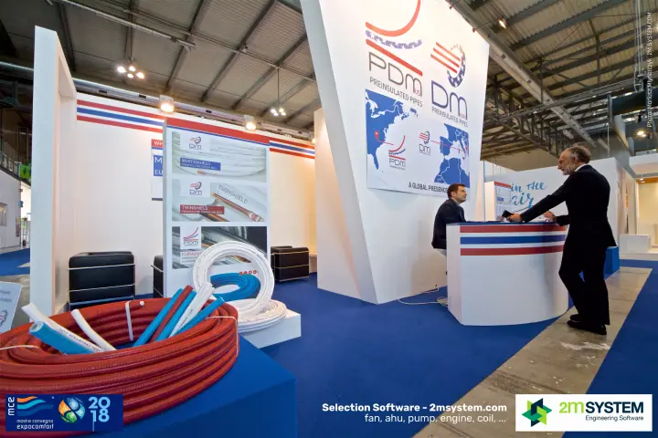 PDM and DM stand with coils of preinsulated copper and multilayer pipes at MCE 2018