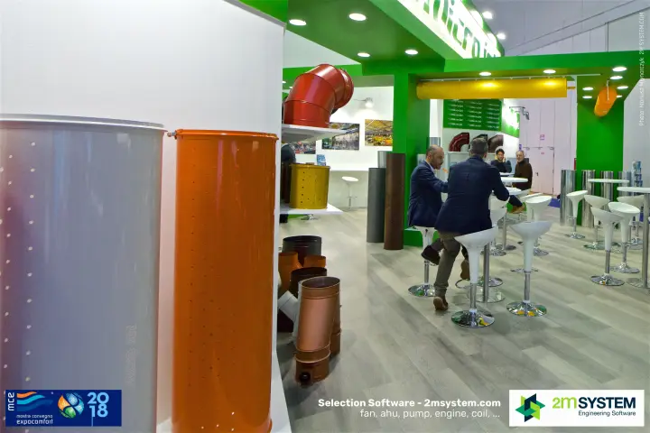 Perforated grey and orange ducts on the Micro Jet stand at MCE 2018
