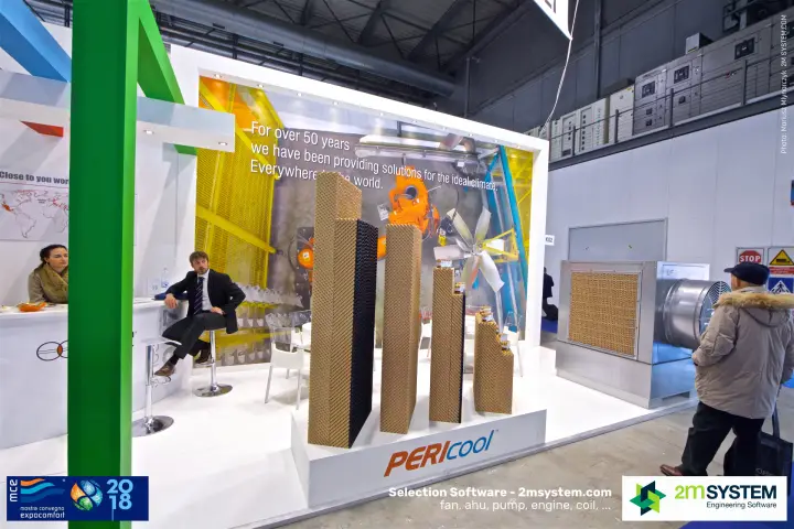 Pericool cooling pad columns and an evaporative cooler unit at the stand