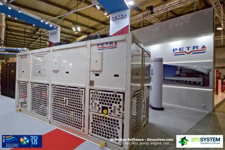Petra air-cooled scroll/screw chiller in front of the company wall at MCE 2018