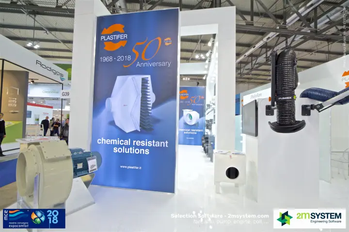 Plastifer 50th anniversary banner with centrifugal fan and Fumex arm at MCE 2018