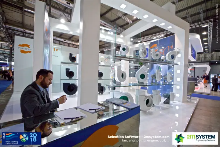 Plastifer glass display of centrifugal plastic fans beside reception at MCE 2018
