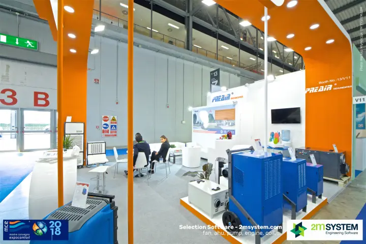 Preair blue mobile dehumidifiers on an orange-edged platform at MCE 2018