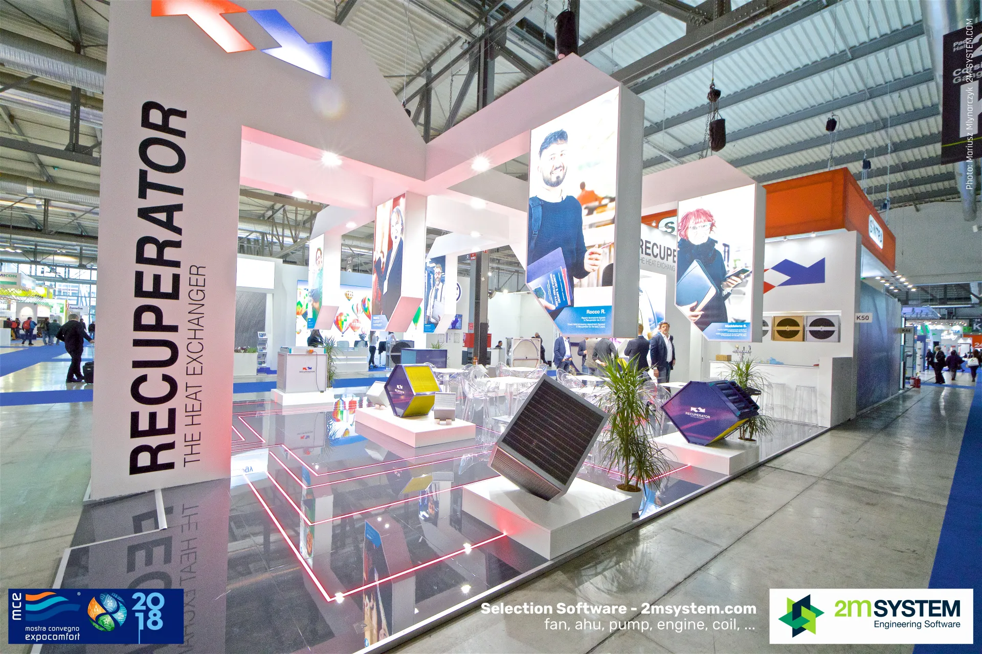 Recuperator stand with plate heat exchanger cores on white plinths at MCE 2018