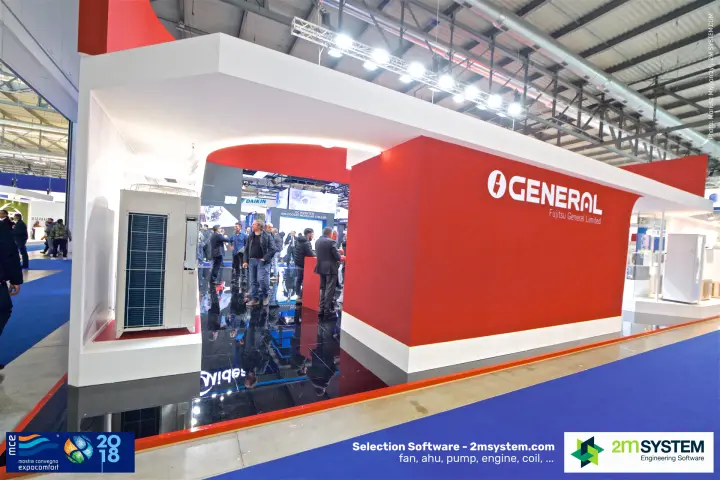 Red and white General stand with a large outdoor unit at the corner at MCE 2018