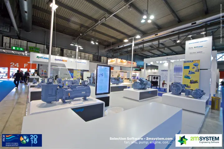 RefComp stand with screw compressors displayed on white plinths at MCE 2018
