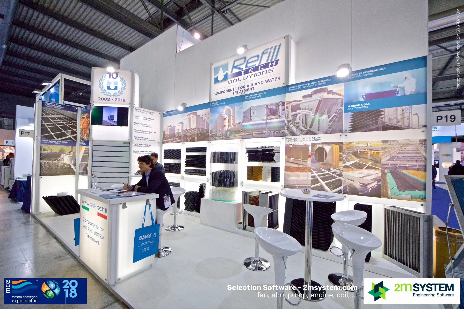Refill Tech Solutions stand with fill packs and droplet eliminators at MCE 2018