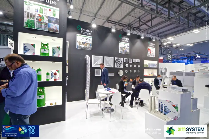 Refrigerant cylinders in lit niches at Entalpia Europe, stand R09