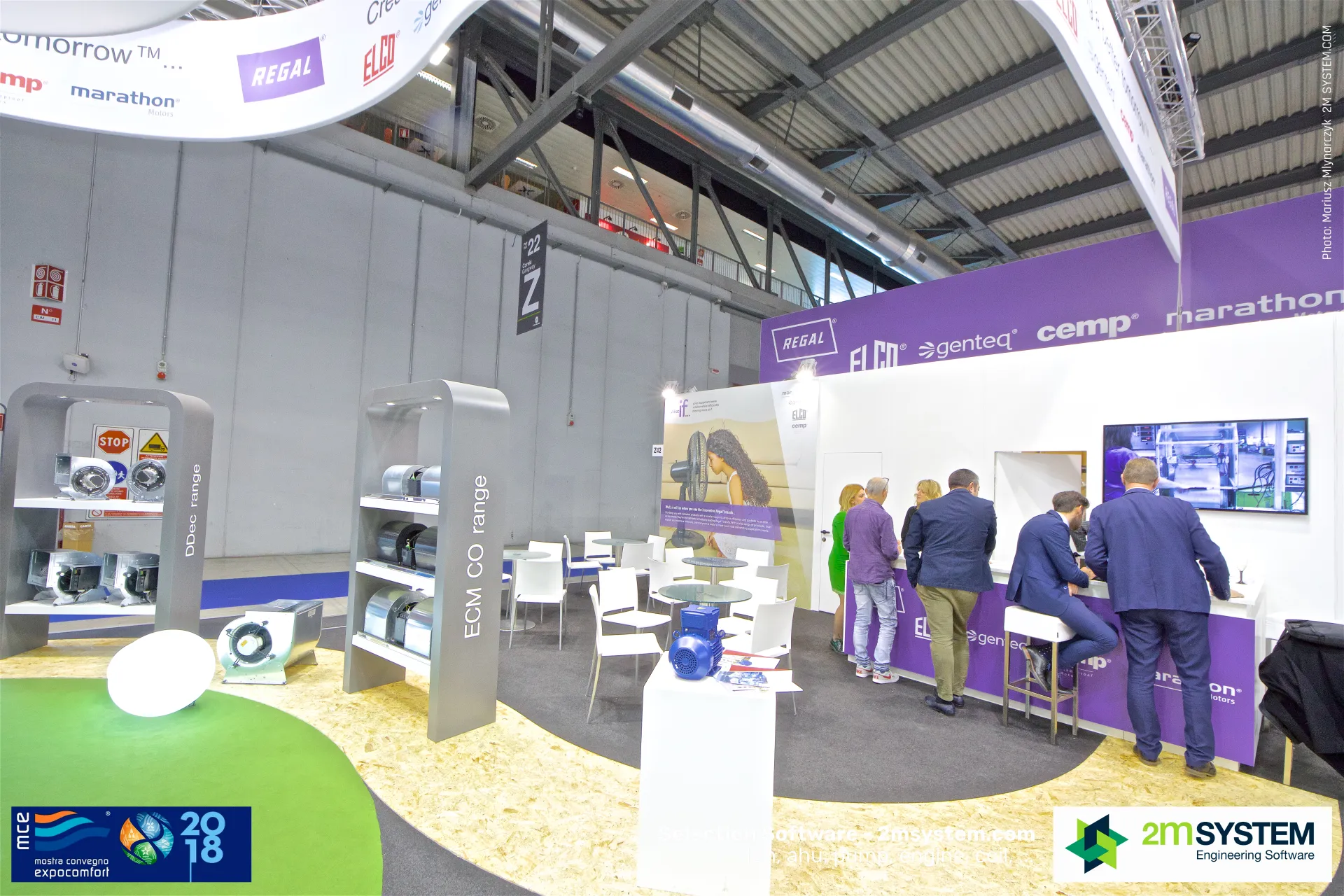 Regal blower displays and meeting area beside the purple counter at MCE 2018