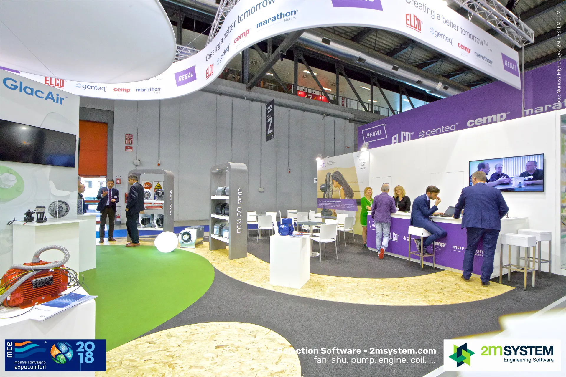 Regal stand with ECM CO range fan display and purple reception counter at MCE 2018