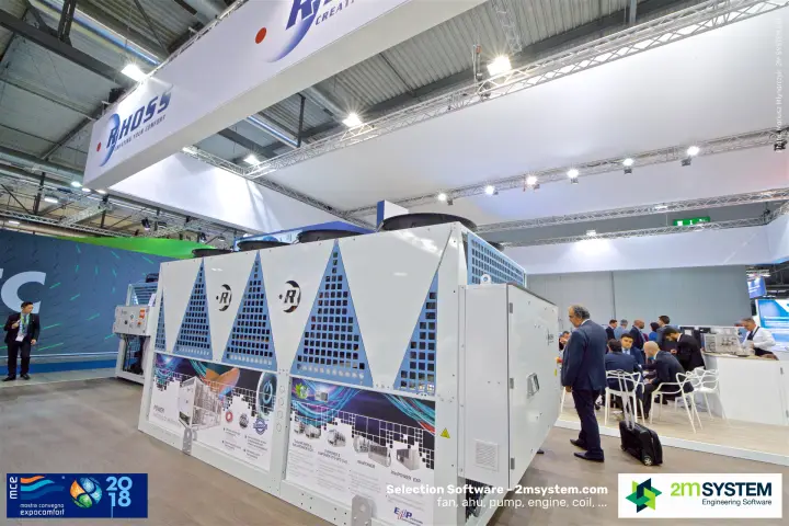 Rhoss air-cooled chiller with Power range graphics and meeting area behind at MCE 2018