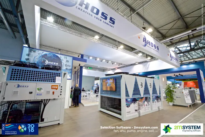 Rhoss stand with R32 unit and large air-cooled chiller under the white fascia at MCE 2018