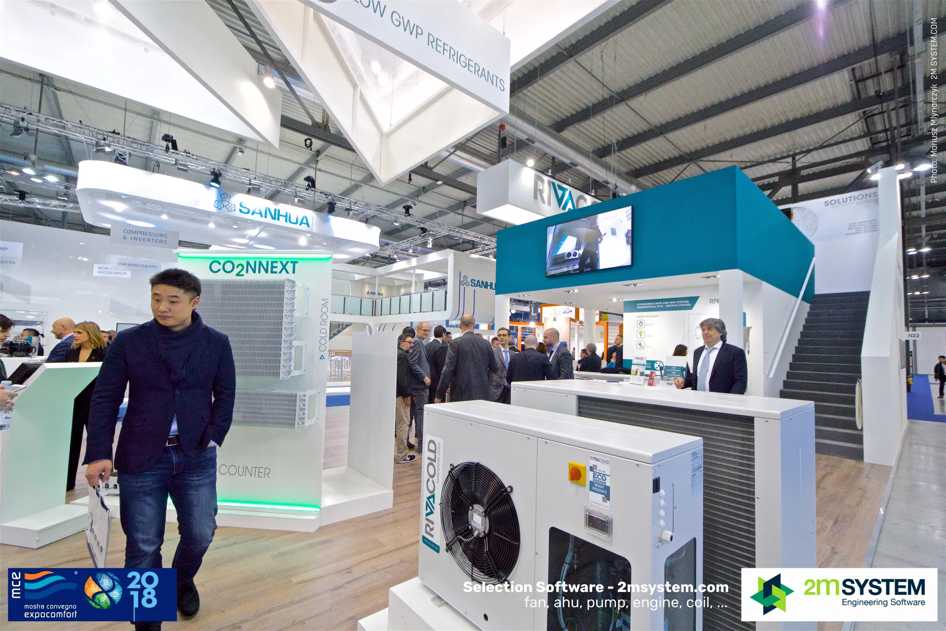 Rivacold condensing unit by the stairs of its two-storey stand at MCE 2018