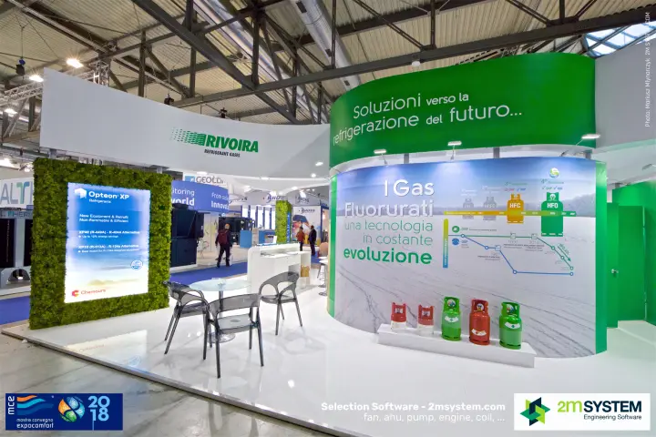 Rivoira refrigerant gases stand with gas cylinders and Opteon XP panel