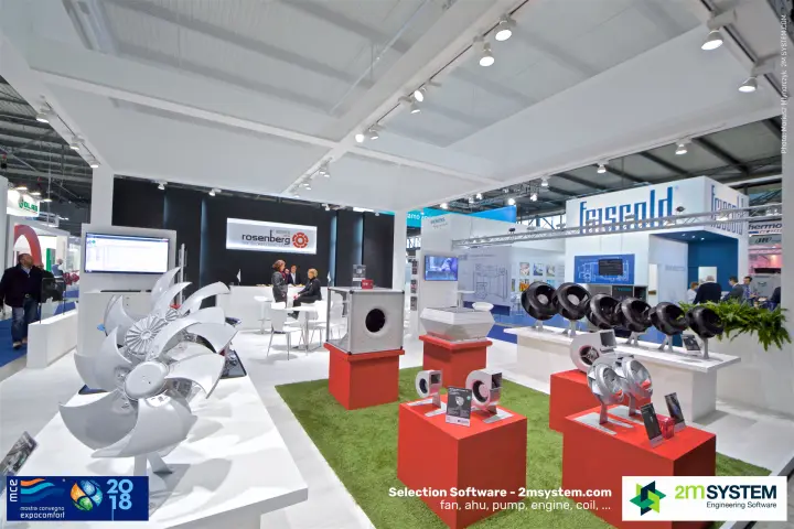 Rosenberg fan display on red plinths and artificial grass at MCE 2018