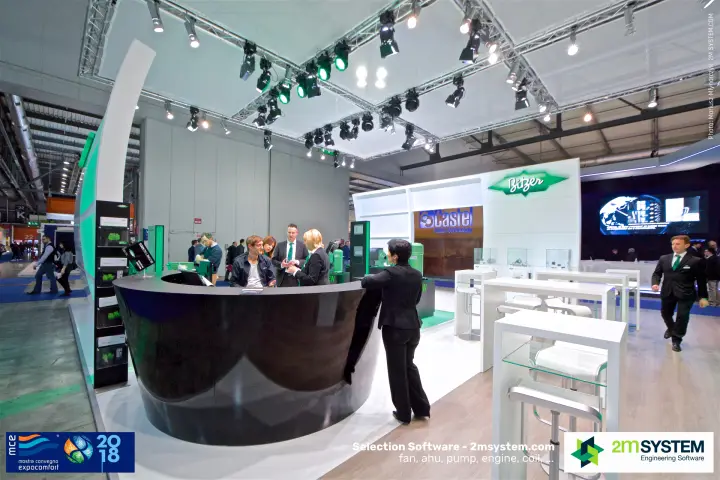 Round black reception desk on the Bitzer stand at MCE 2018