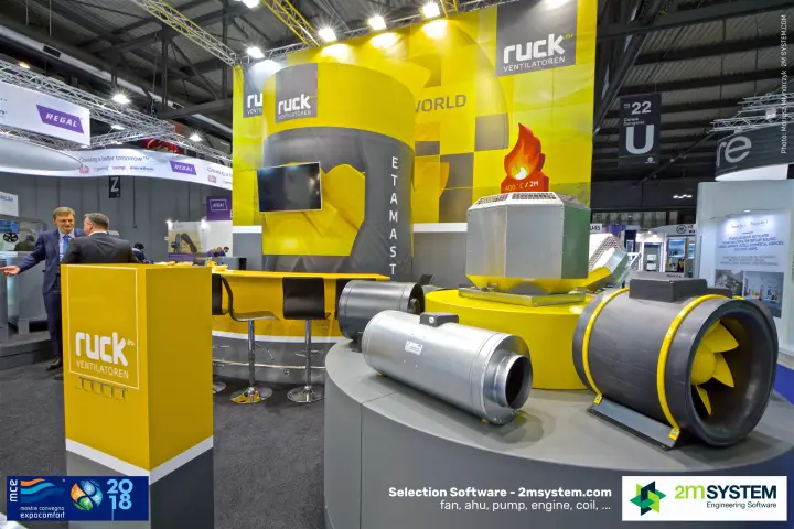 Ruck inline duct fans and roof fan under a 400°C / 2H sign on a round podium