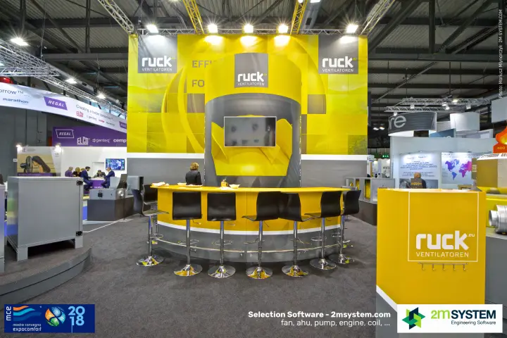 Ruck Ventilatoren stand with curved yellow bar counter and screen column