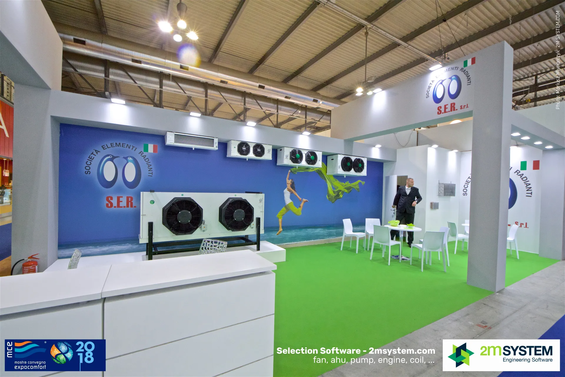 S.E.R. stand with unit coolers and a condenser on a blue wall at MCE 2018