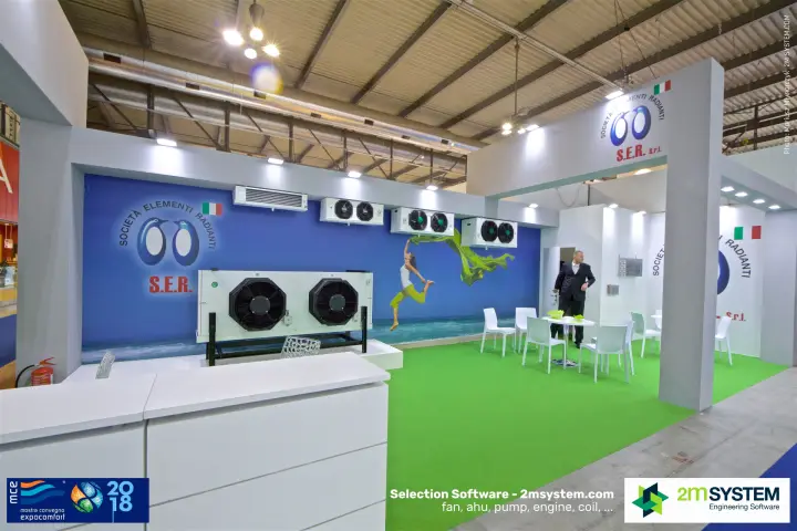 S.E.R. stand with unit coolers and a condenser on a blue wall at MCE 2018