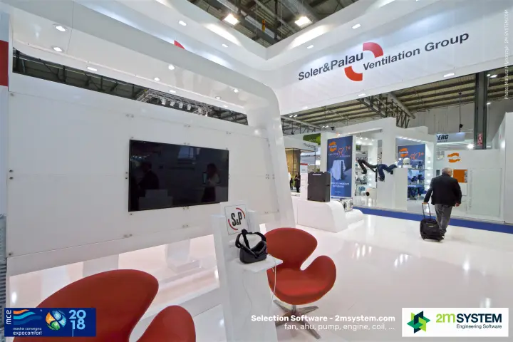 S&P virtual reality seating corner under the Ventilation Group sign at MCE 2018