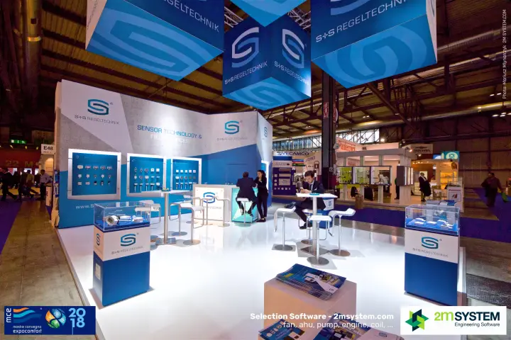 S+S Regeltechnik sensor display walls and bar tables seen from the front