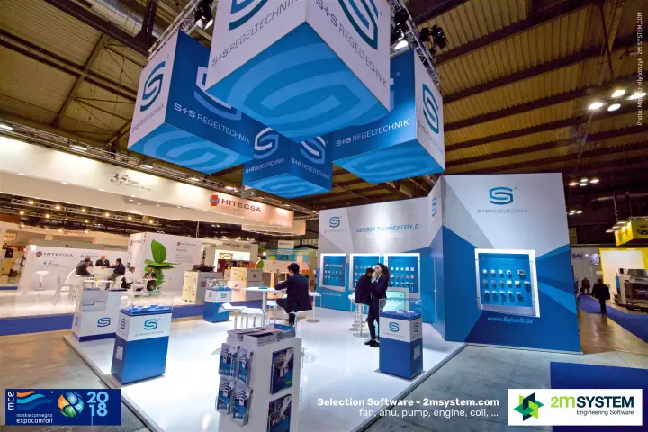 S+S Regeltechnik stand with suspended logo cubes and sensor wall displays