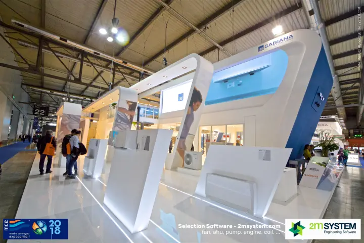 Sabiana stand with curved white arches and fan coil displays at MCE 2018