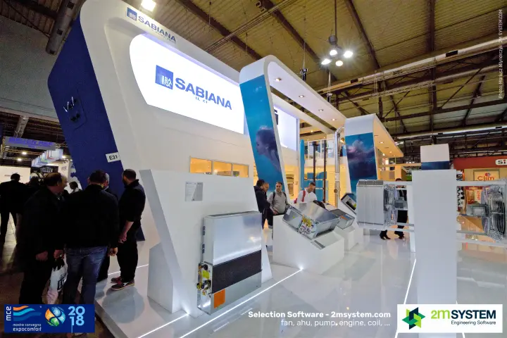 Sabiana stand with fan coil units on angled white plinths