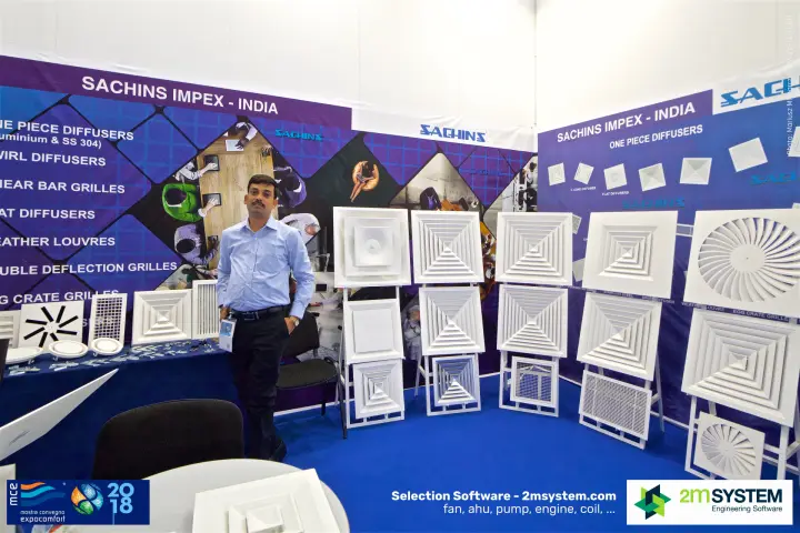 Sachins Impex stand with square ceiling diffusers, swirl diffusers and grilles
