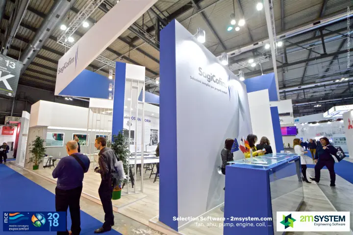 SagiCofim stand with blue-and-white walls and wood-floored meeting area at MCE 2018