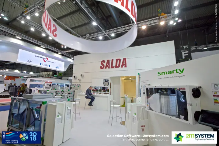 Salda stand with Smarty residential units and a suspended ring banner at MCE 2018