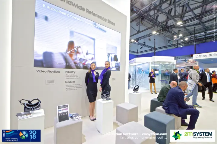 Samsung reference-site LED wall with VR headsets on display plinths at MCE 2018