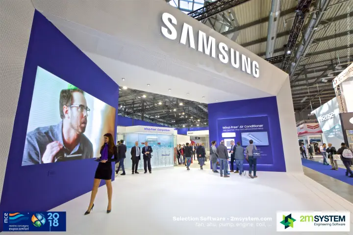 Samsung stand entrance under illuminated lettering with a large LED wall at MCE 2018