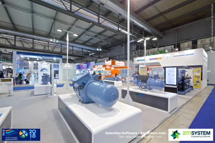 Screw compressor on a RefComp plinth with the stand fascia behind at MCE 2018