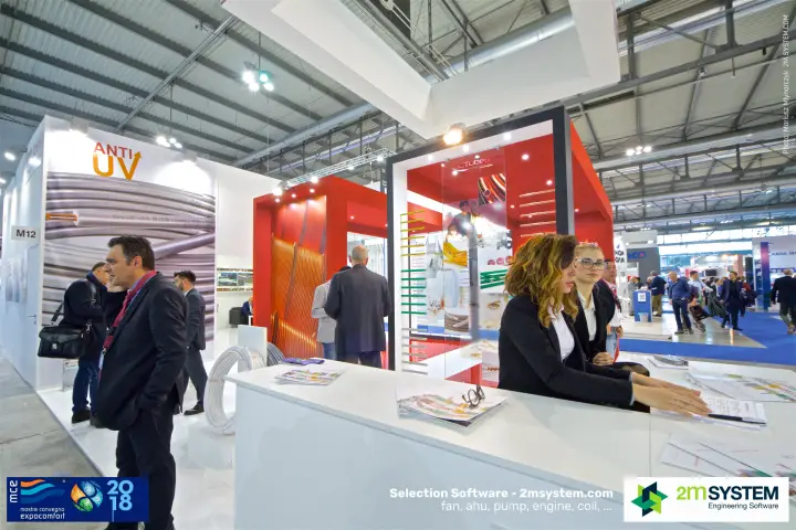 SCTubes reception desk beside an 'Anti UV' insulated copper tube graphic at MCE 2018